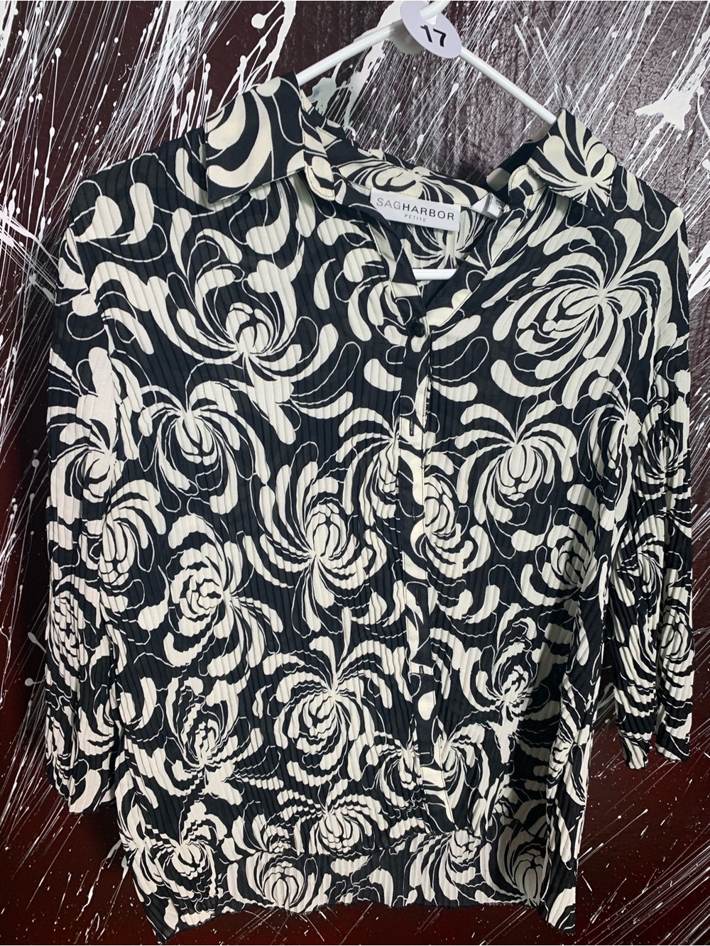 Sag Harbor Black and White Petite Textured Floral Blouse